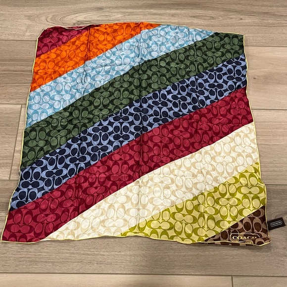 COACH Square Scarf Monogram Signature 100% Silk Striped Colorful - Picture 1 of 6